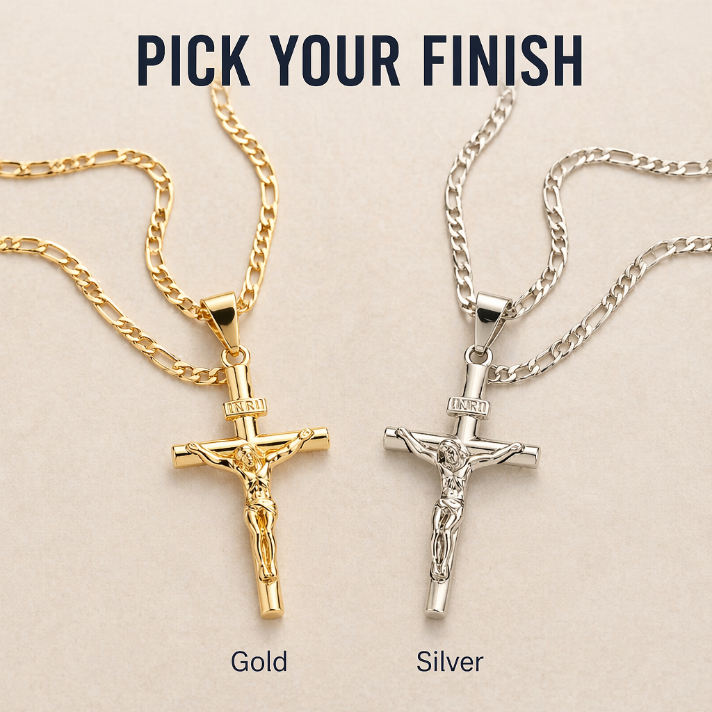 Gold and silver-tone versions of the crucifix and Figaro chain laid side by side on beige 8