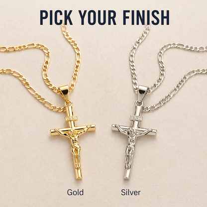 Gold and silver-tone versions of the crucifix and Figaro chain laid side by side on beige 8