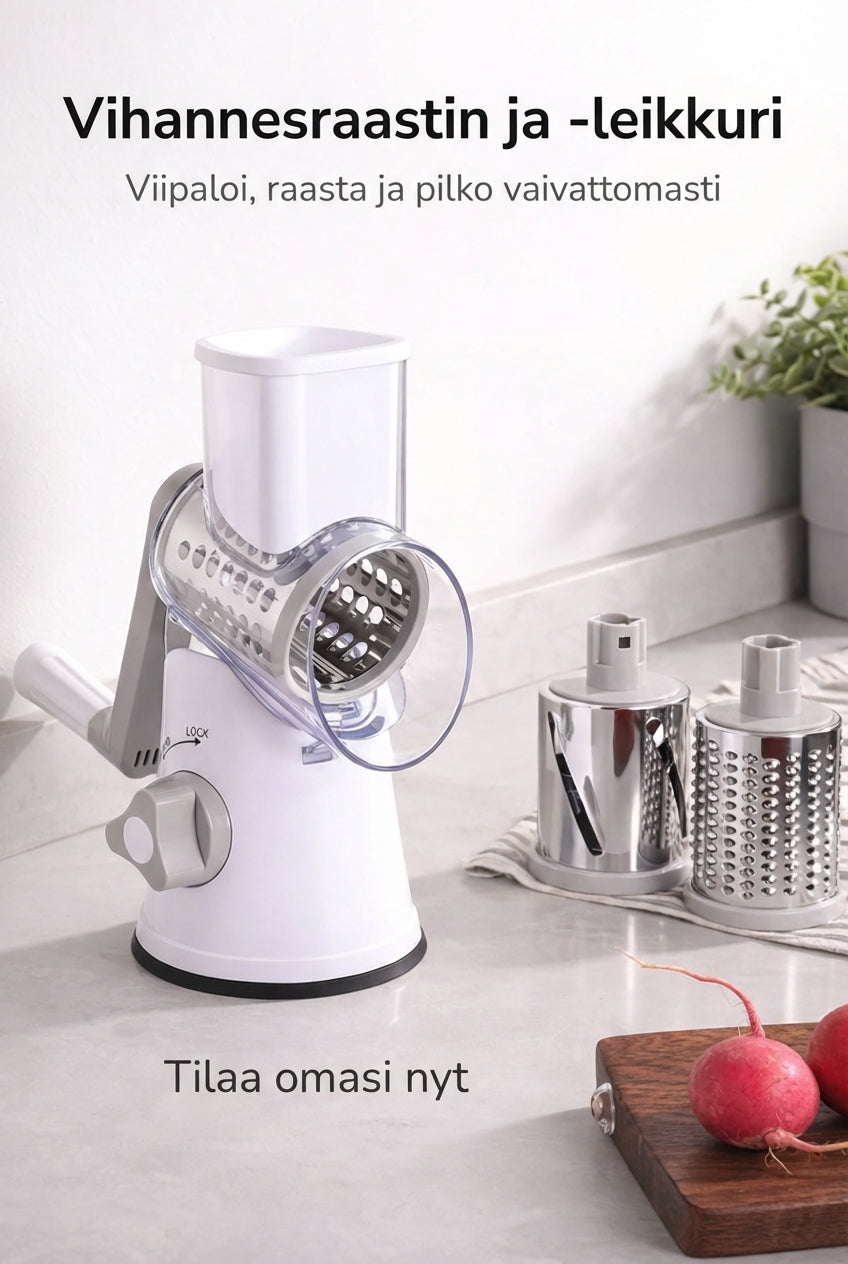White and grey rotary chopper with a clear drum cover, two spare steel drums behind it and radishes on a board. 9