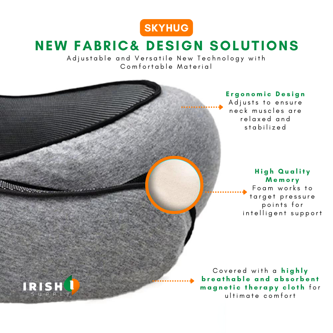 Close-up of the grey pillow's soft fabric and black-edged mesh lining, with a circled cutaway revealing the cream memory foam inside. 7