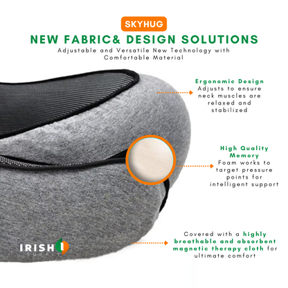 Close-up of the grey pillow's soft fabric and black-edged mesh lining, with a circled cutaway revealing the cream memory foam inside. 7