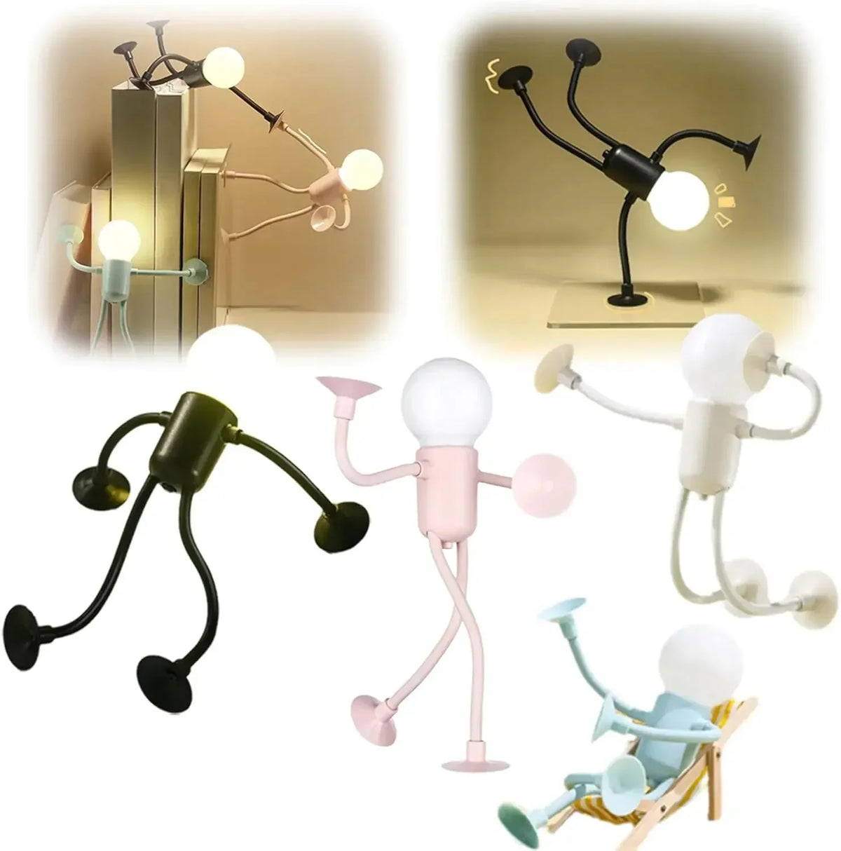 Montage of black, pink, white and blue figure lights in varied poses, some stuck to books and a deckchair 8