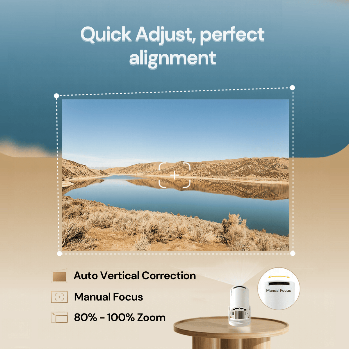 Lake landscape projected with alignment markers, projector on a round wooden table with focus control called out 19