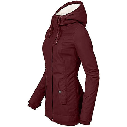 Side view of the burgundy jacket, showing the fleece-lined hood, drawcords and snap-fastened pocket flap 8
