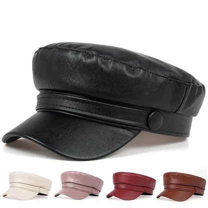 Black baker boy hat shown large, with cream, pink, red and brown versions in a row beneath 8