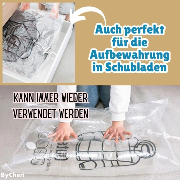 Clear vacuum bag laid flat in a drawer, and below it a person smoothing a flattened bag of clothing on the floor. 8
