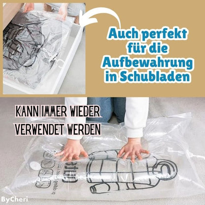 Clear vacuum bag laid flat in a drawer, and below it a person smoothing a flattened bag of clothing on the floor. 8