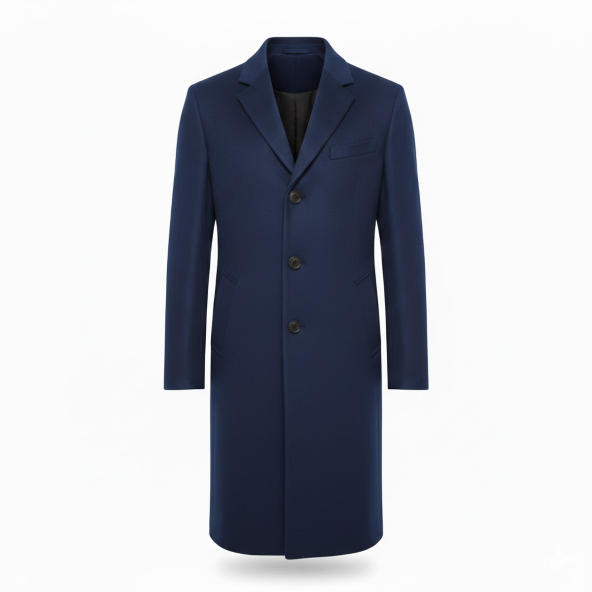 Front view of the navy version of the coat, with notch lapel, three buttons and black lining 5