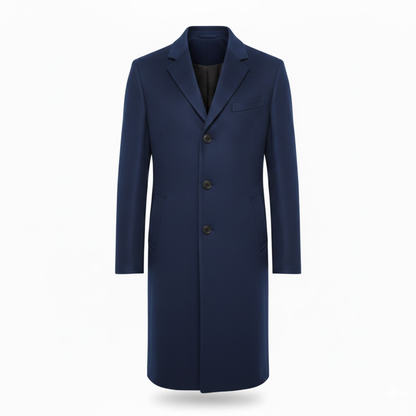 Front view of the navy version of the coat, with notch lapel, three buttons and black lining 5