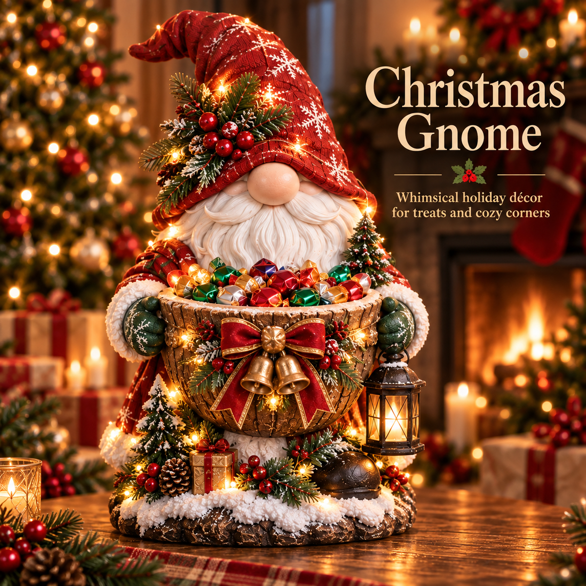 Gnome figure in a knitted red hat with white beard, holding a bowl of sweets with bells 5