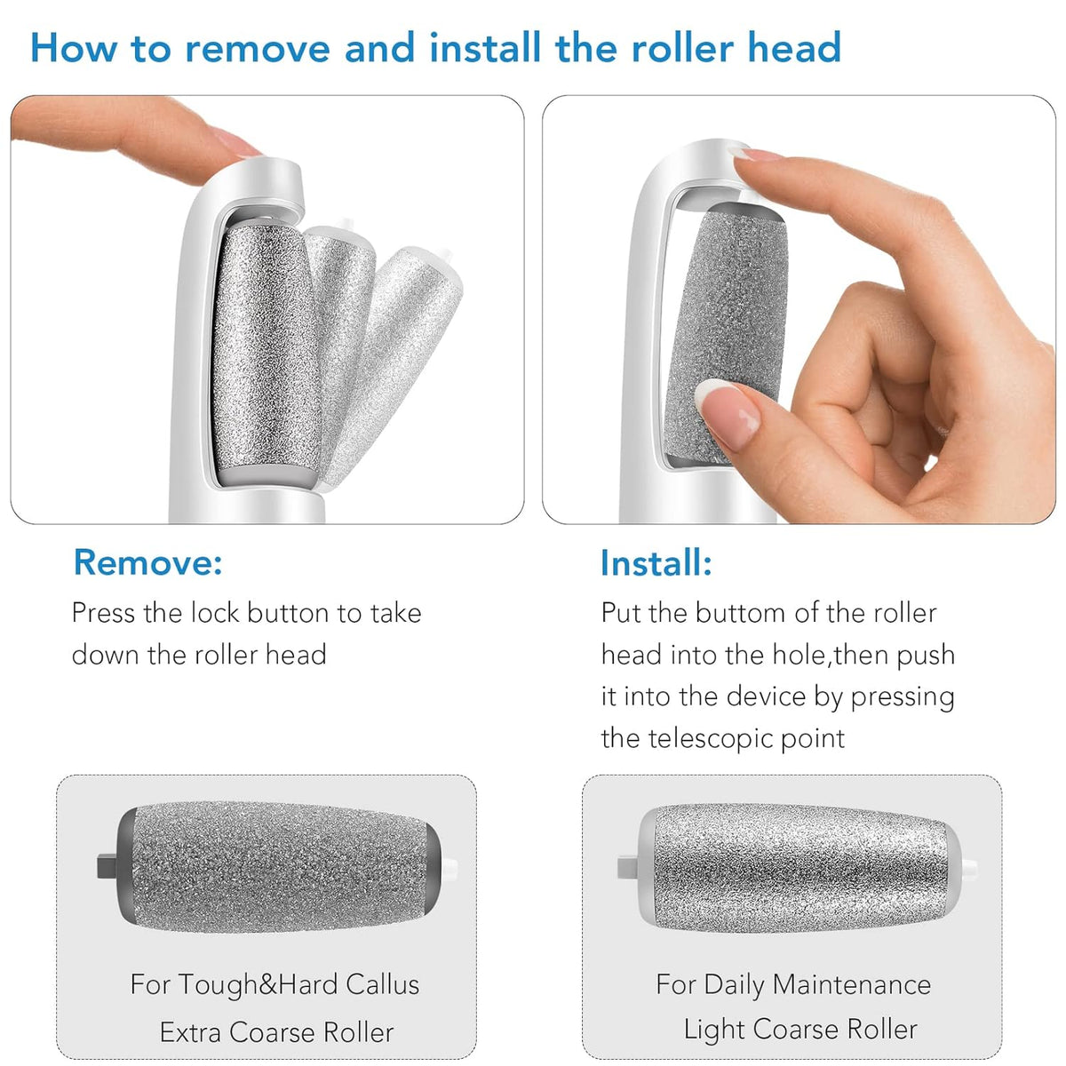 Two close-ups of fingers removing and fitting the roller head, with the extra coarse and light coarse spare rollers shown below. 4