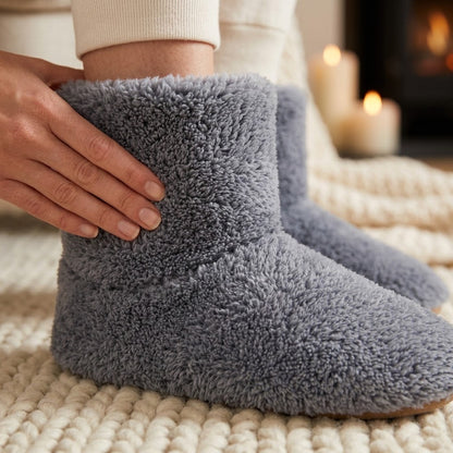 Close-up of a hand resting on the soft, deep grey pile of a plush slipper's ankle-high cuff. 3