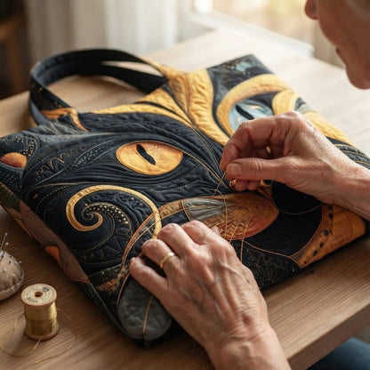 Close-up of hands hand-stitching the quilted cat tote on a wooden table, with a thread spool beside it 4