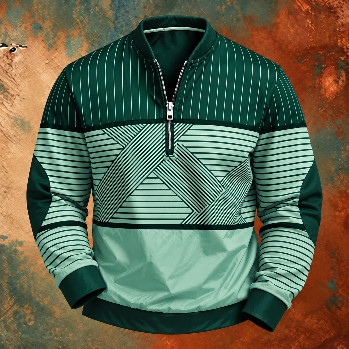 Dark green and mint version of the half-zip pullover, with fine pinstripes on the shoulders and a silver zip at the neck. 6