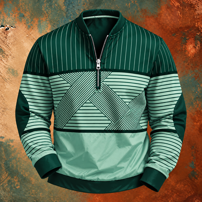 Dark green and mint version of the half-zip pullover, with fine pinstripes on the shoulders and a silver zip at the neck. 6