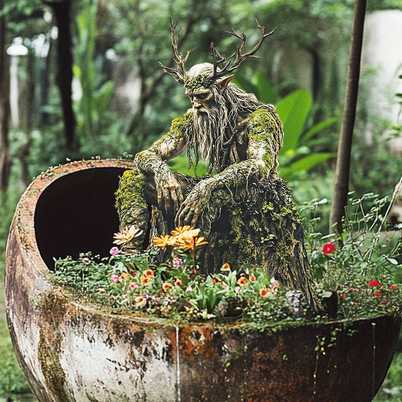 Antlered woodland spirit seated on a stump, displayed in a large weathered pot with orange and red flowers. 7
