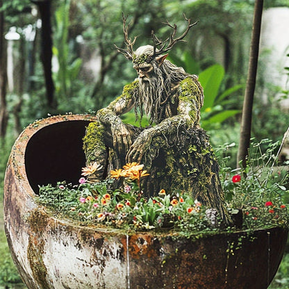 Antlered woodland spirit seated on a stump, displayed in a large weathered pot with orange and red flowers. 7