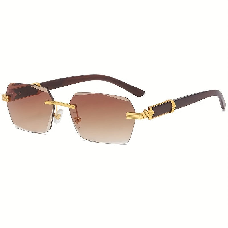 Rimless sunglasses with rectangular lenses and faux-wood temples – Verro