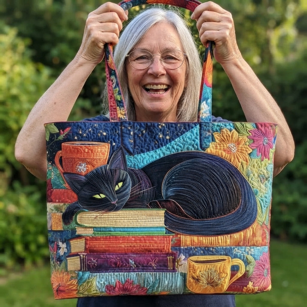 Smiling grey-haired woman in glasses holds the tote up by its patterned handles, showing the cat, books and flower panel. 2
