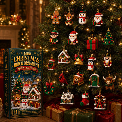 Brick ornaments hanging across a lit Christmas tree, with the calendar box on the left and wrapped presents at the base. 7