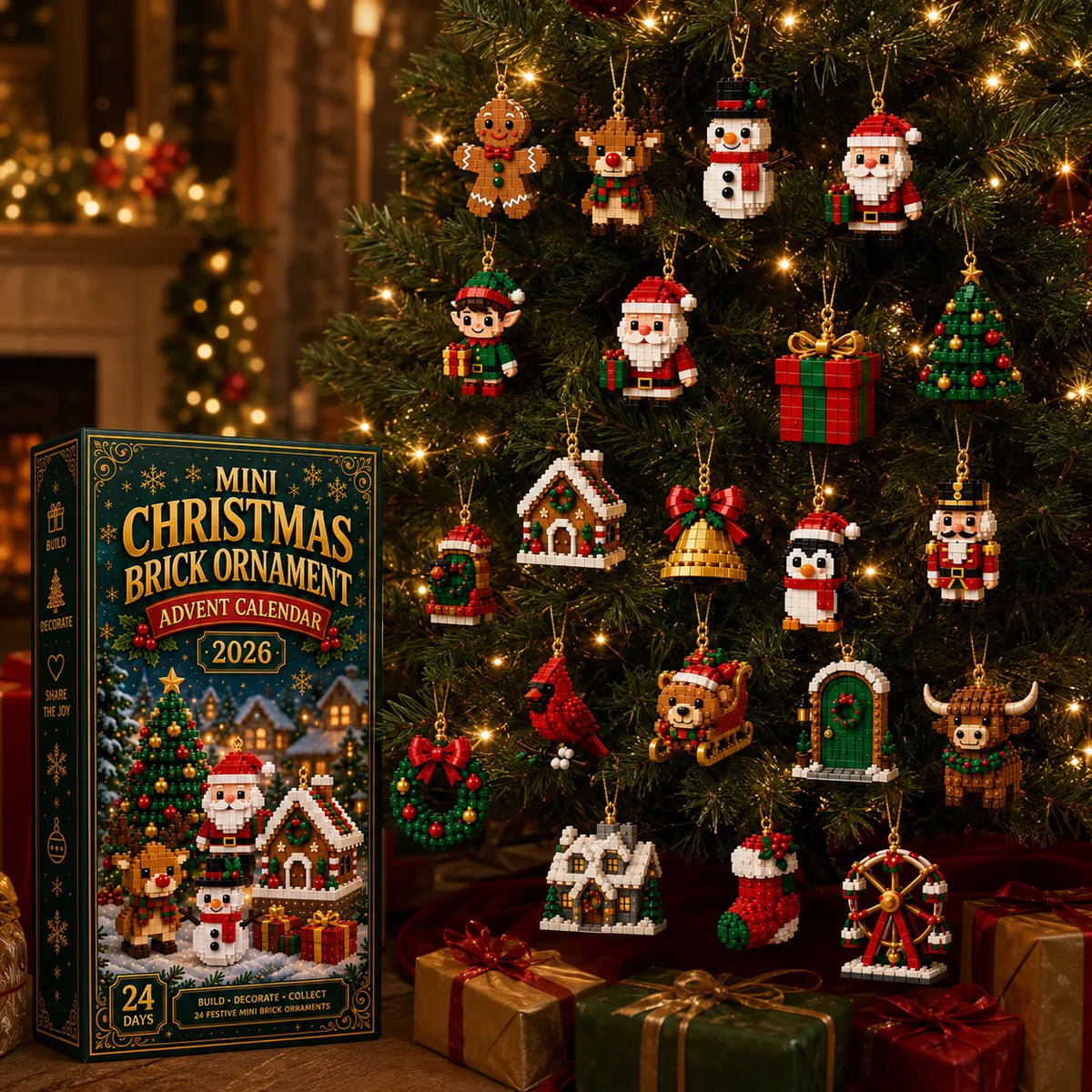 Many brick ornaments hanging from a lit Christmas tree, with the calendar box and wrapped gifts standing at its base. 5