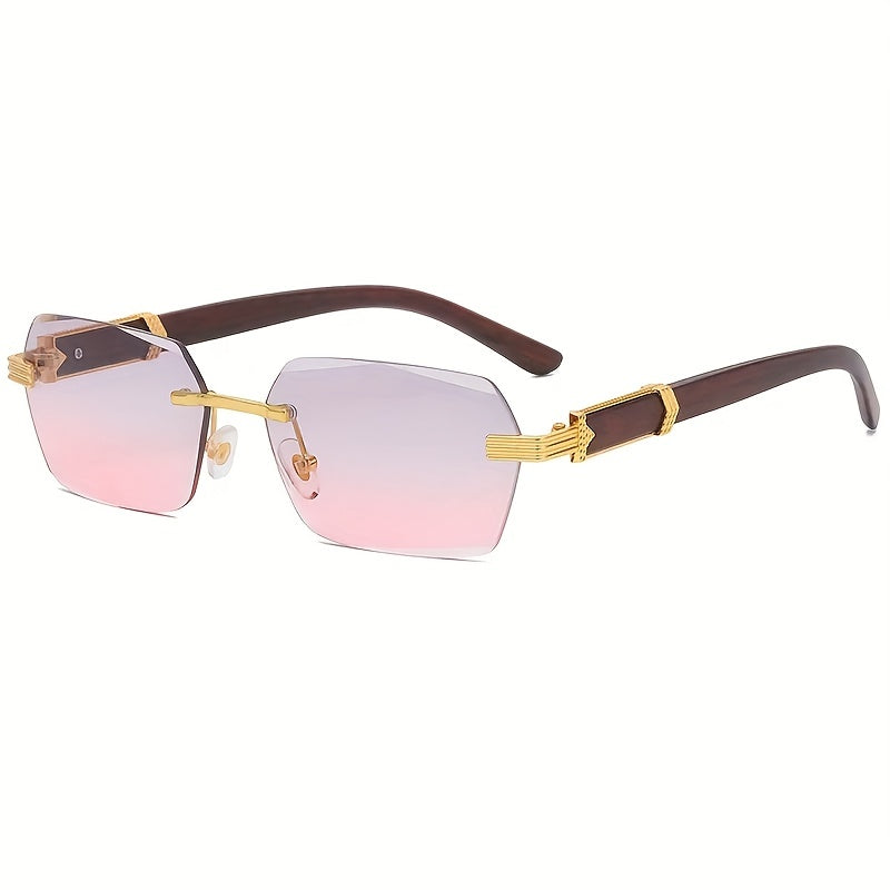 Rimless sunglasses with rectangular lenses and faux-wood temples – Verro