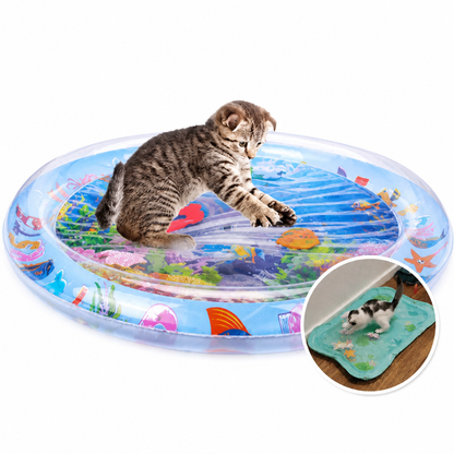 Kitten batting at the round clear-rimmed water mat on white, with an inset of a black and white cat on a green mat. 6