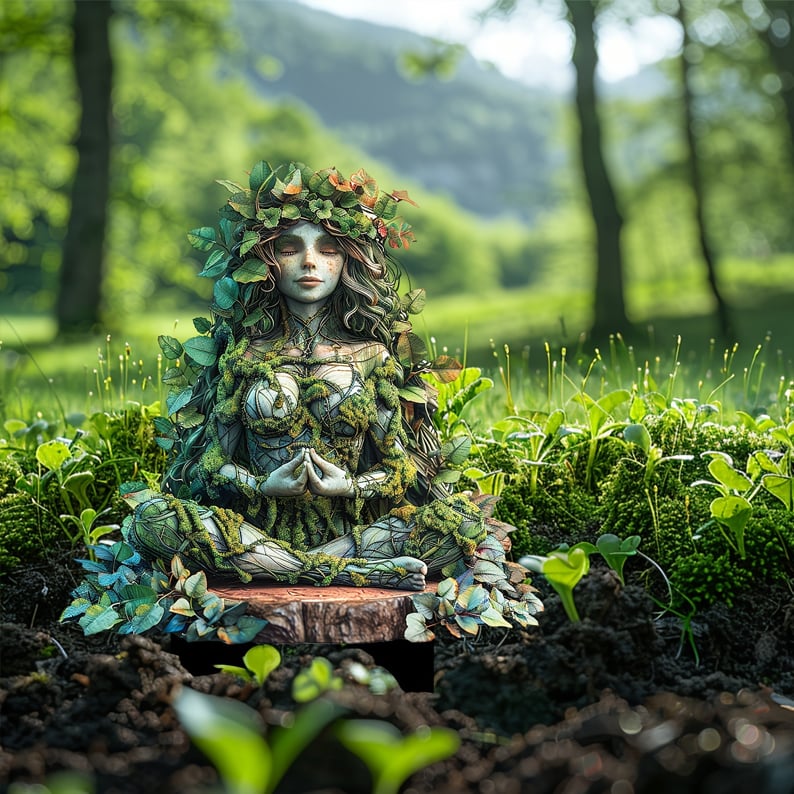 Meditating forest-spirit figure with leafy crown and moss-covered body, seated cross-legged on a log slice in soil, with green woodland behind. 21