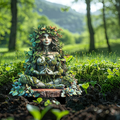 Meditating forest-spirit figure with leafy crown and moss-covered body, seated cross-legged on a log slice in soil, with green woodland behind. 21