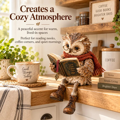 Owl sits on a wooden kitchen worktop beside a coffee mug, jar and small stack of books 6