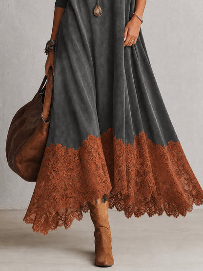 Detail of the charcoal grey skirt, finished with a rust-orange lace border and scalloped hem 18