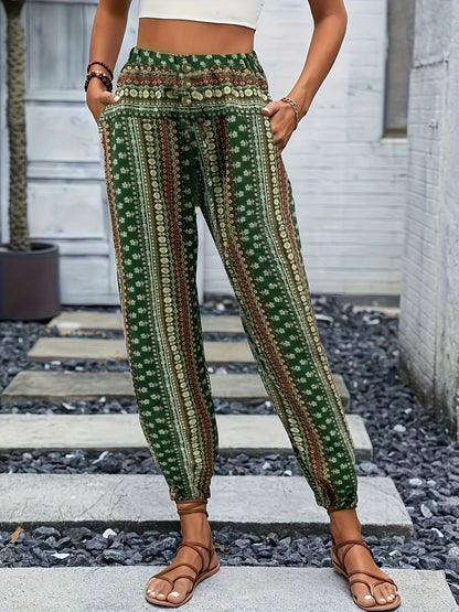 Boho High-Waist Women's Trousers with Print & Smocked Waistband – Linara