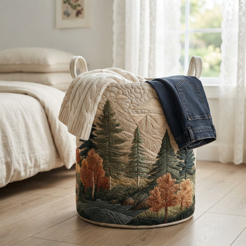Forest-print quilted basket in a bedroom, with a cream knitted jumper and dark jeans draped over the rim. 13