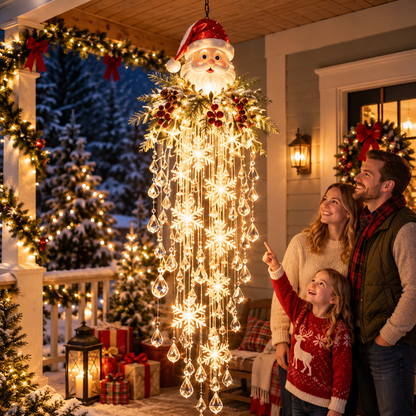 Santa-topped version lit on a porch while a smiling family looks up at it 4