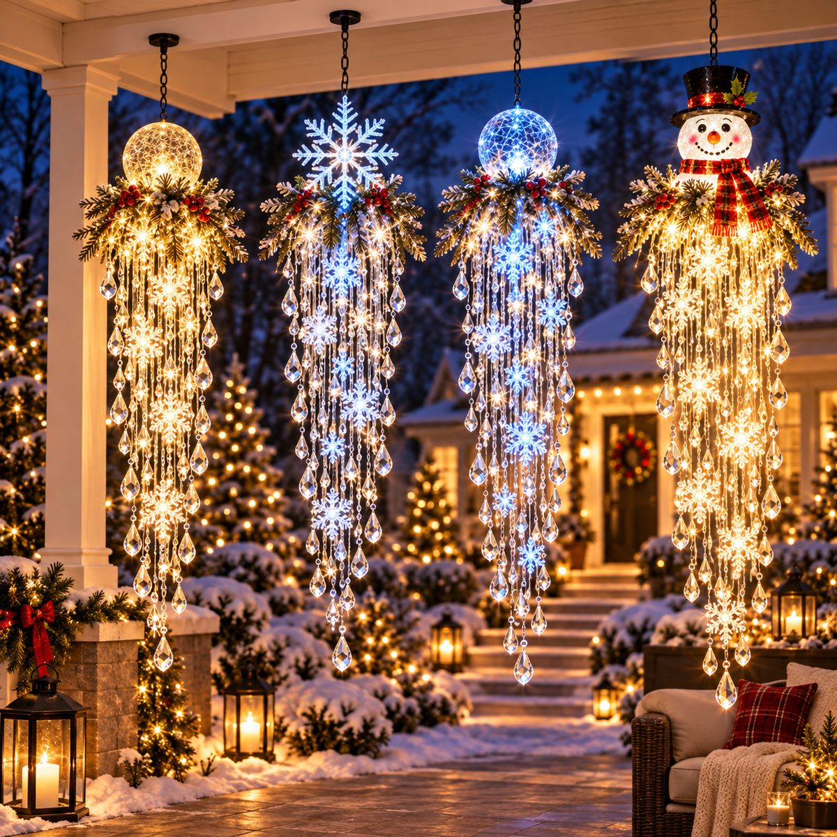 Four lit crystal-drop hangings of different styles side by side under a snowy porch at dusk 23