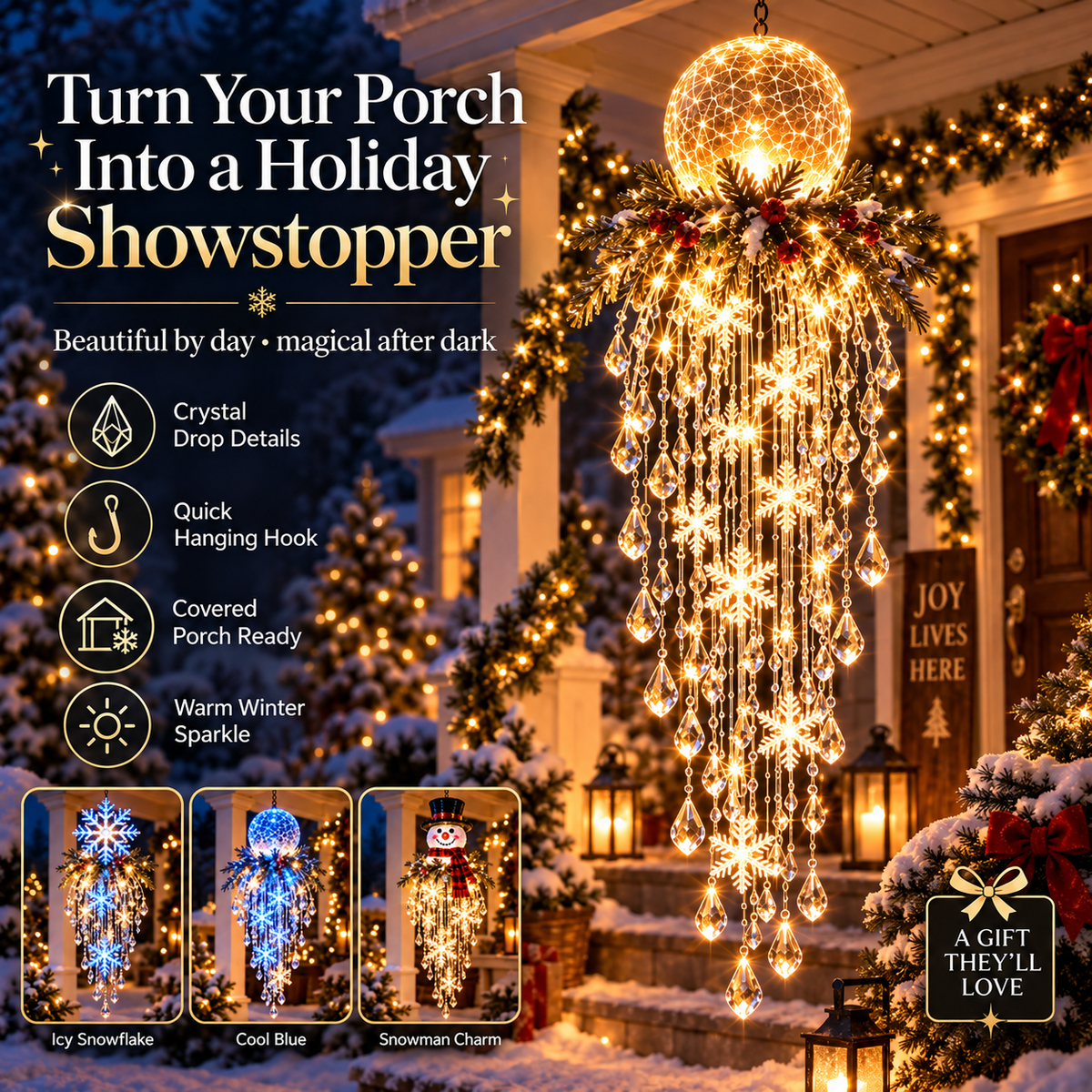 Warm-glow globe cascade on a decorated porch, with feature icons and three smaller style thumbnails 24