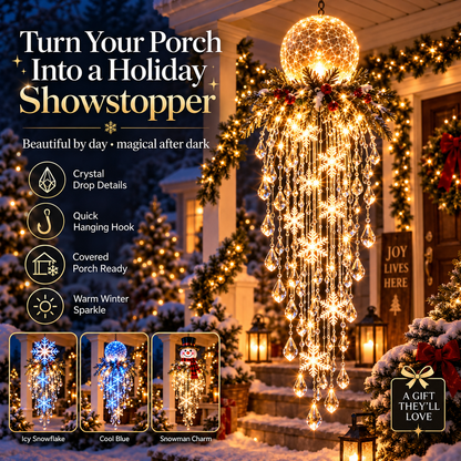 Warm-glow globe cascade on a decorated porch, with feature icons and three smaller style thumbnails 24