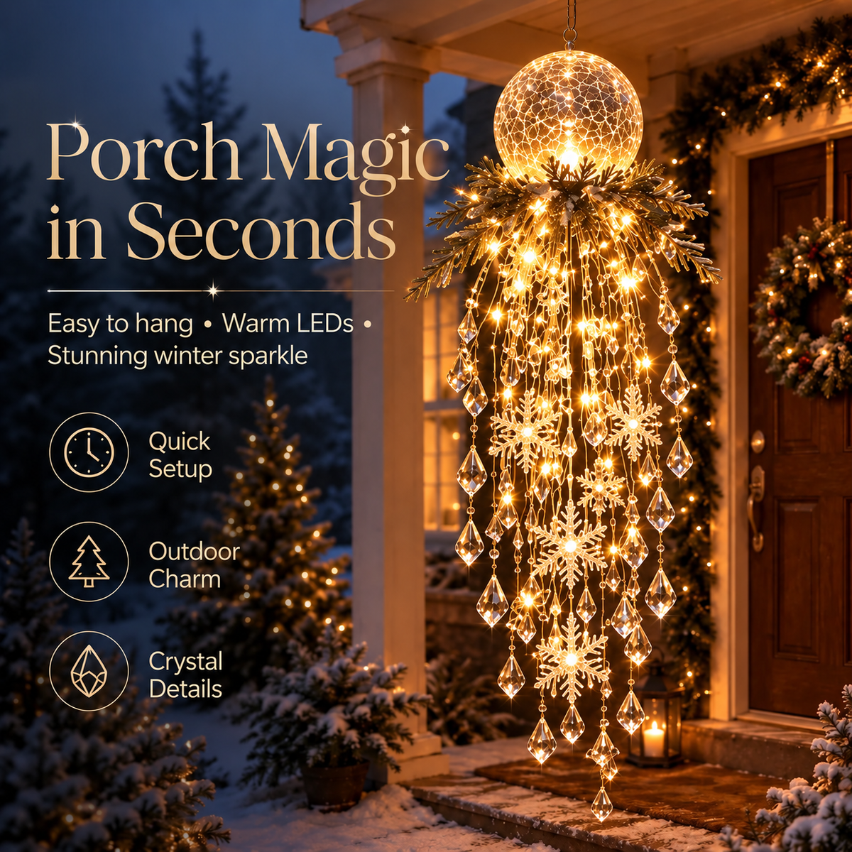 Warm-lit globe version hanging on a porch beside a wreath-decorated front door 6