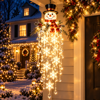 Snowman-topped version with scarf and hat glowing warm beside a decorated front door 12