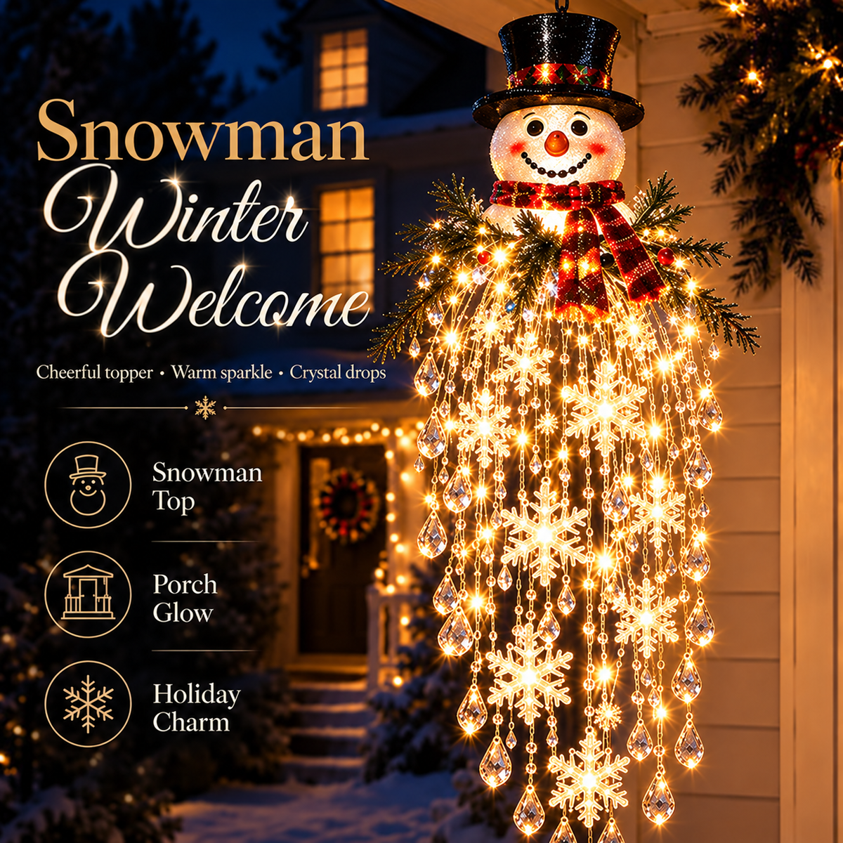 Snowman-topped version with red tartan scarf and top hat, glowing warmly beside a front door 5