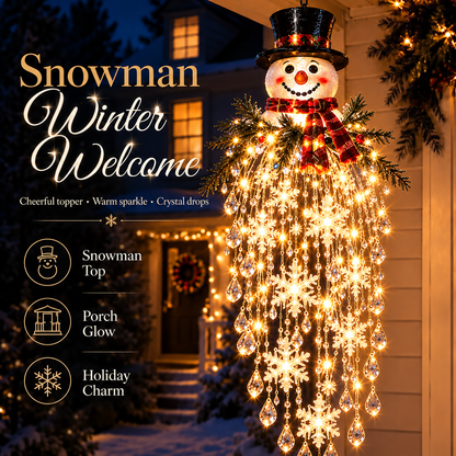 Snowman-topped version with red tartan scarf and top hat, glowing warmly beside a front door 5