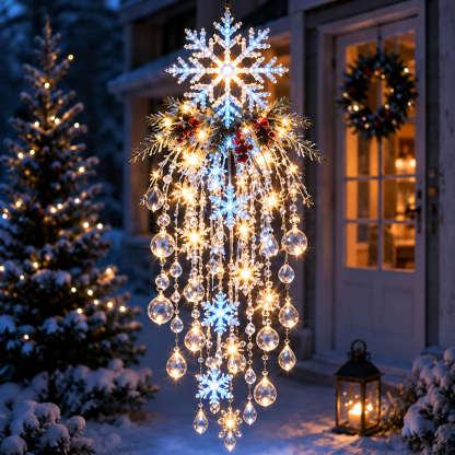 Large icy snowflake topper in blue and white light with crystal drops hanging near a doorway 15