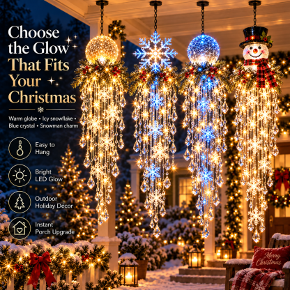 Four hanging crystal cascades in warm globe, icy snowflake, blue and snowman styles on a festive porch 22