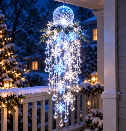 Blue-lit globe version with crystal drops and snowflakes hanging beside a snowy porch railing 10