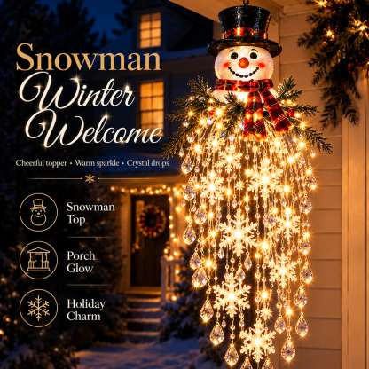 Snowman-topped version with red tartan scarf and top hat, glowing warmly beside a front door 19