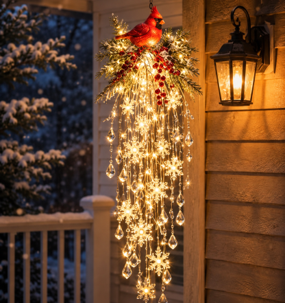 Red cardinal bird topper with red berries and glowing crystal strands beside a porch lantern 14