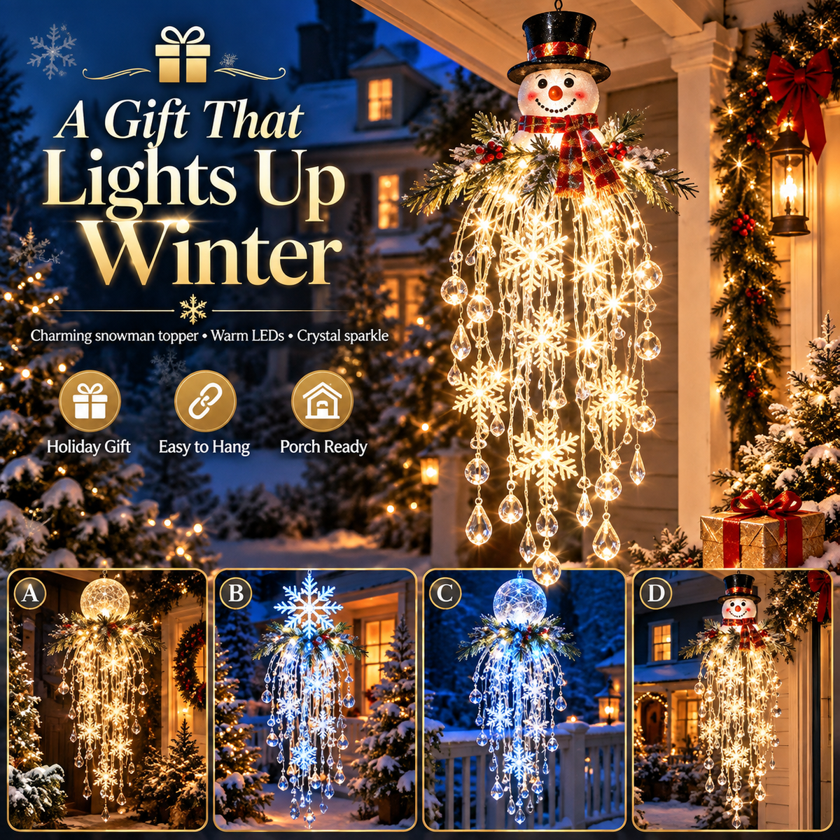 Snowman-topped version glowing warm, with four topper style options shown in small panels below 2