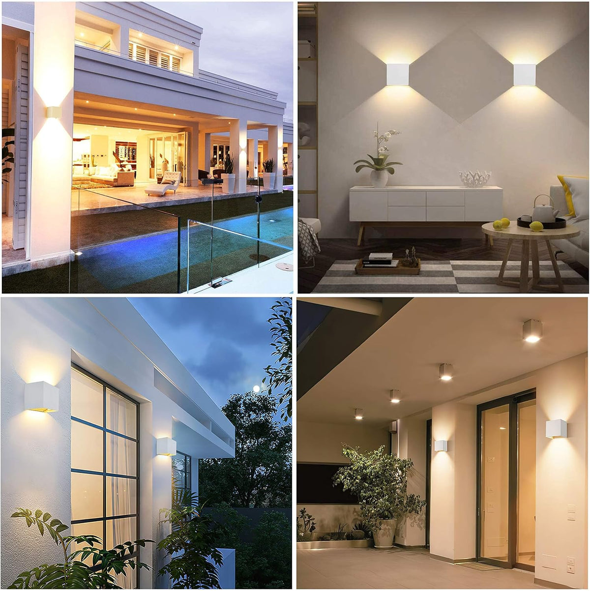 Four-image collage of white cube wall lamps on a modern house exterior, a living room wall, a window facade and a covered terrace. 15