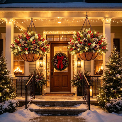 Two lit baskets of greenery, pinecones and red berries hang either side of a snowy, decorated front door at night 1