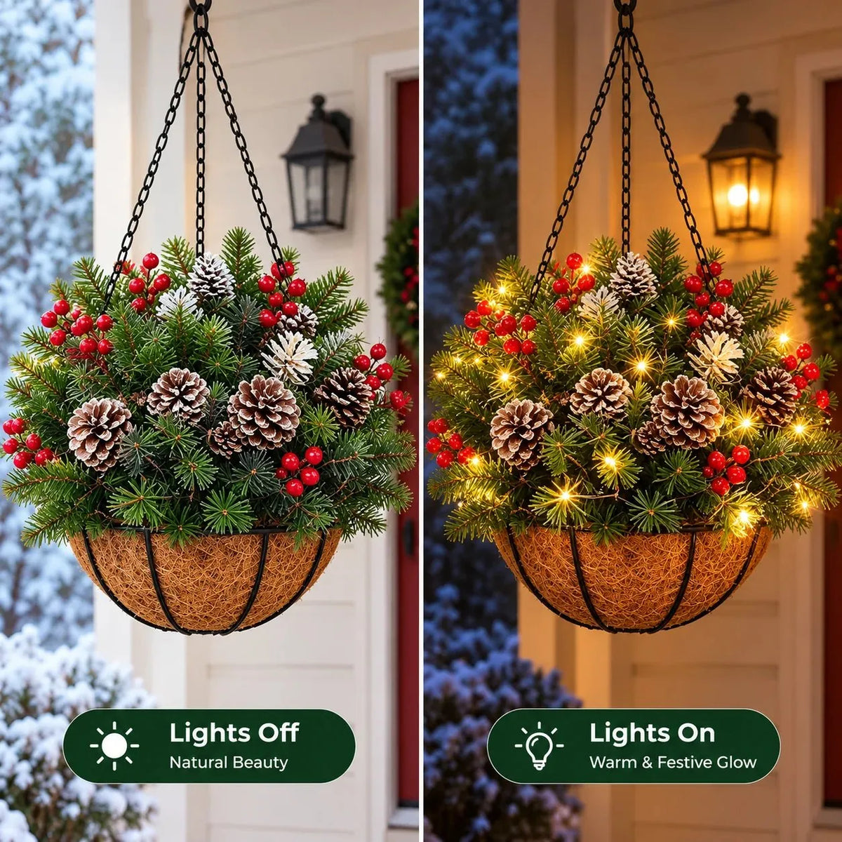 Side-by-side comparison of one hanging basket with its lights off and then glowing warmly with lights on 2
